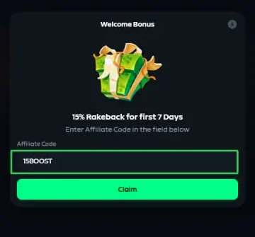Gamdom Welcome Bonus window with 15BOOST typed into the Affiliate Code field above the Claim button