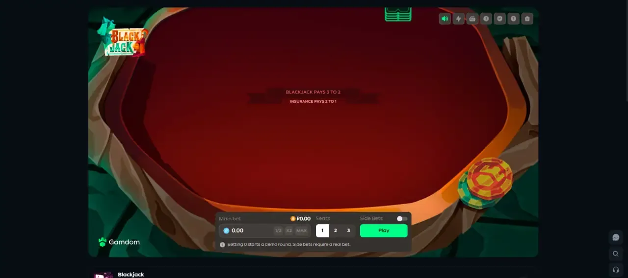 The Gamdom blackjack table with main bet, seat selector and side bets toggle