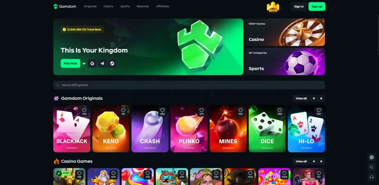The Gamdom casino lobby with Originals and slot categories