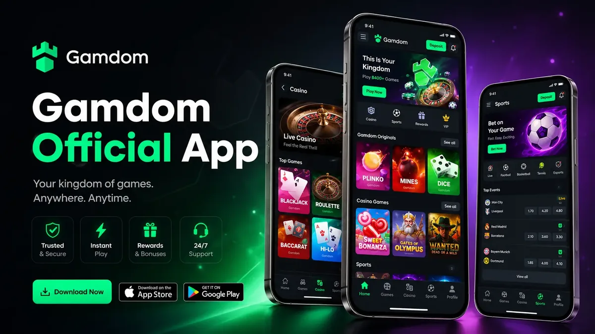 Gamdom mobile interface shown across three phone screens: casino lobby, home and sportsbook