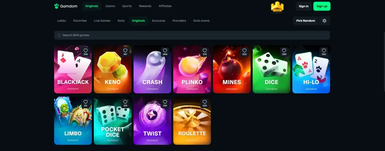 Gamdom Originals rail with Blackjack, Keno, Crash, Plinko, Mines and Dice