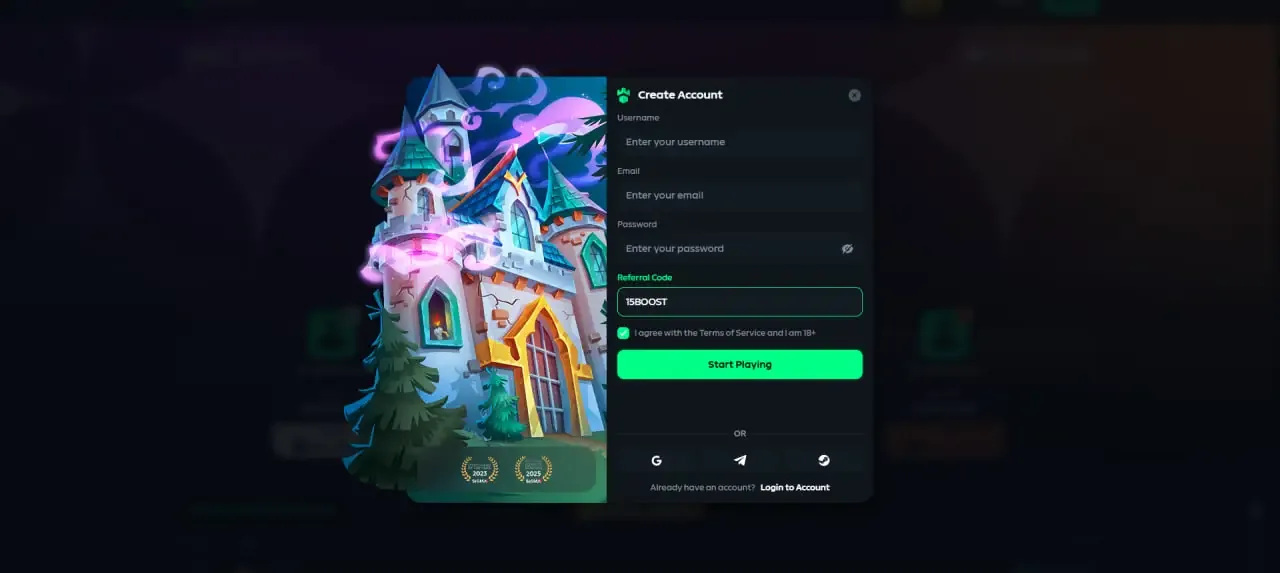 Create Account window on Gamdom with 15BOOST entered in the green Referral Code field