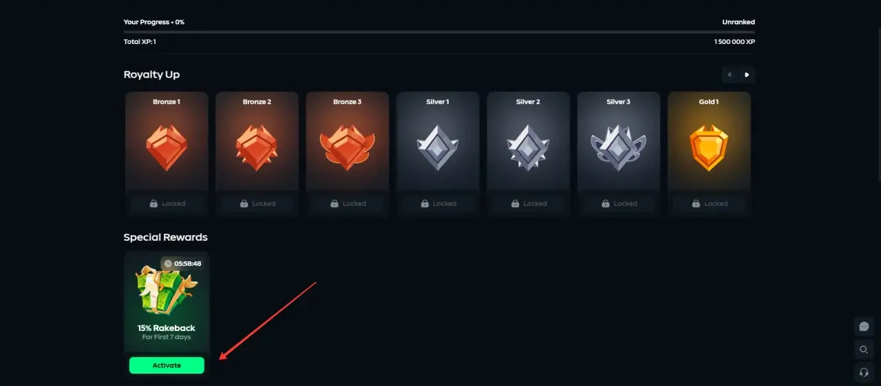 Gamdom Rewards page with Royalty tiers above and the Special Rewards card below