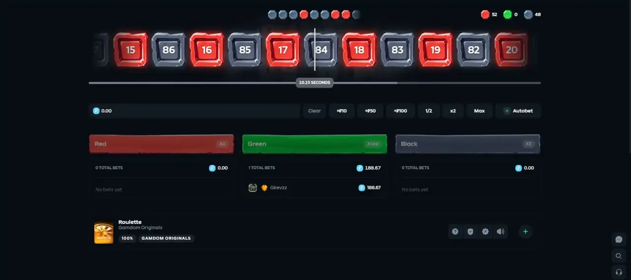 The Gamdom Originals roulette wheel with red, green and black betting positions and a result history strip