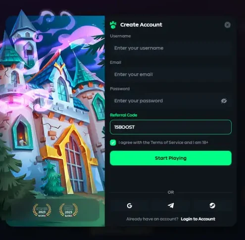 Gamdom Create Account window with 15BOOST typed into the green Referral Code field