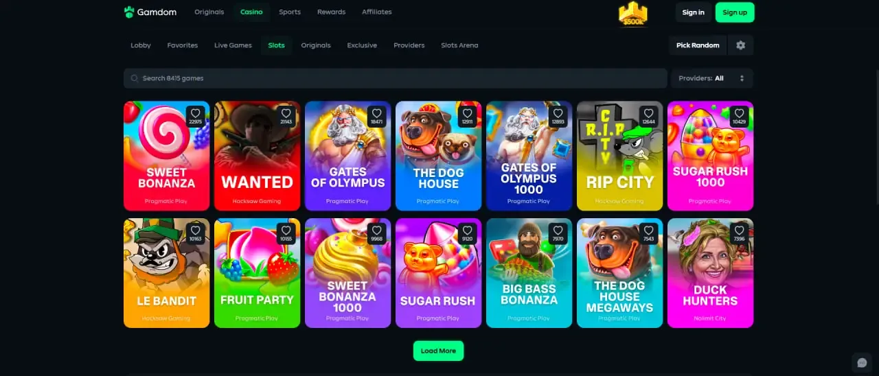 Slot titles in the Gamdom casino lobby including Sweet Bonanza and Gates of Olympus