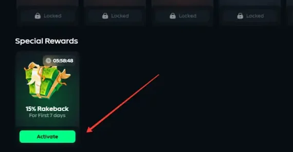 Special Rewards section on Gamdom with the 15% Rakeback card and a red arrow pointing at the Activate button