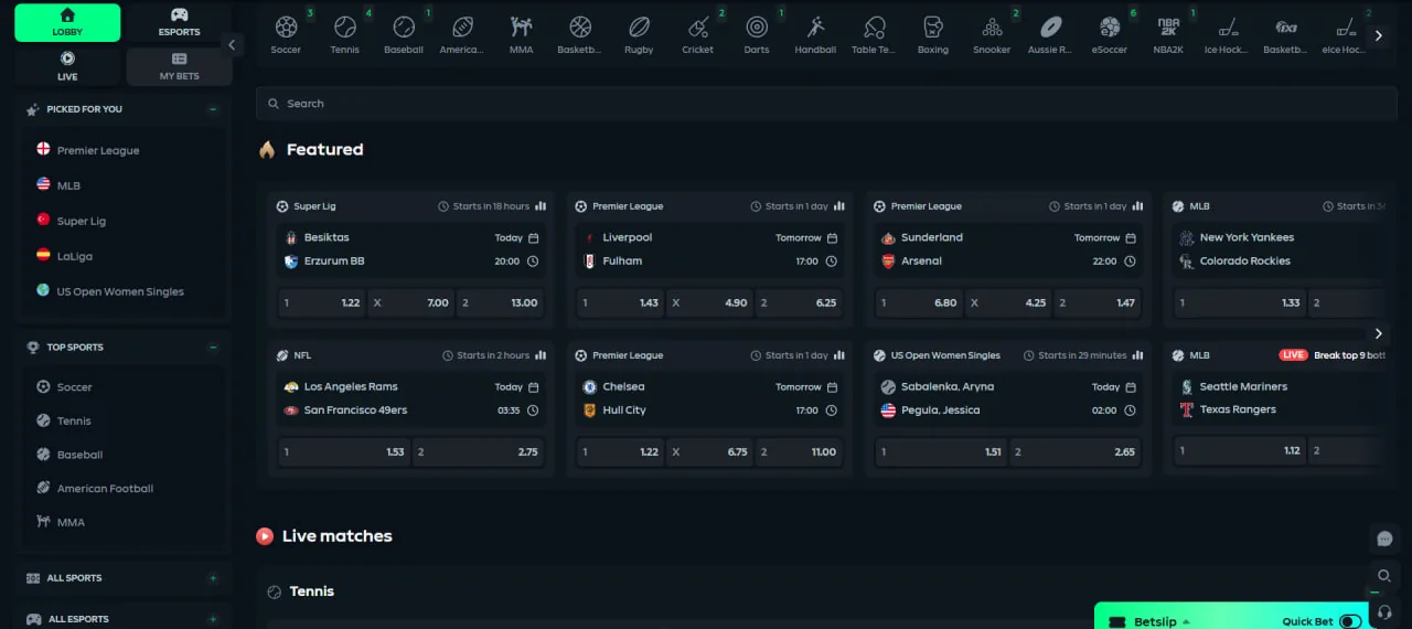 Gamdom sportsbook lobby showing hockey, soccer, tennis and esports markets